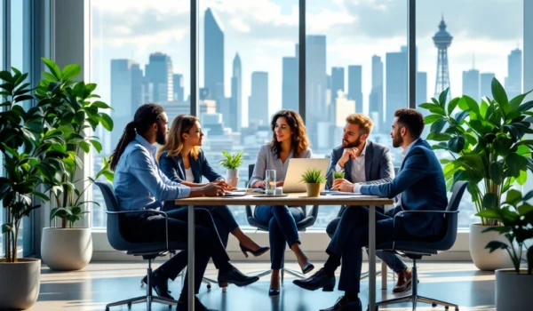 Een moderne kantooromgeving met diverse professionals in overleg, omgeven door duurzame ontwerpen en een skyline op de achtergrond.