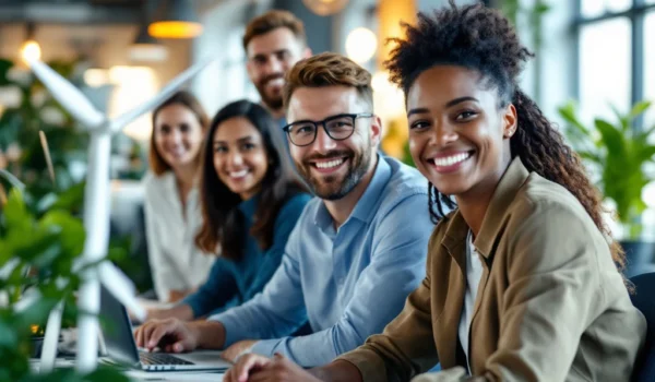 Diverse groep professionals in modern kantoor; lachend, samenwerking, IT & groene energie symbolen, windturbine model, Search X Recruitment.