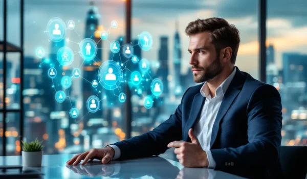 CEO aan modern bureau met stadsachtergrond, bekijkt digitale kaart vol iconen voor talent en groei, in blauwe en groene tinten.