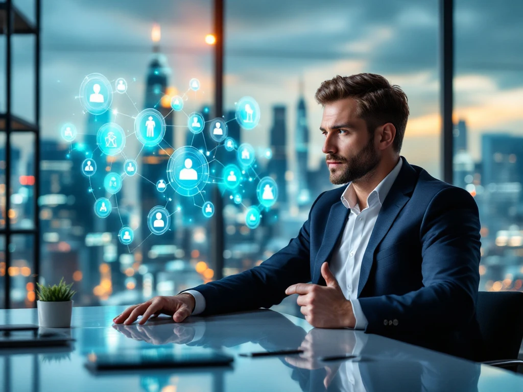 CEO aan modern bureau met stadsachtergrond, bekijkt digitale kaart vol iconen voor talent en groei, in blauwe en groene tinten.