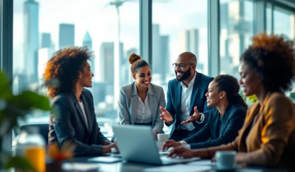 Een diverse groep professionals overlegt in een moderne kantooromgeving, symboliserend inclusiviteit en innovatie, met uitzicht op de stad.