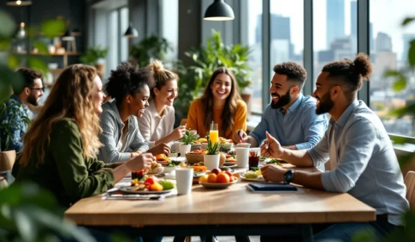Een diverse groep collega's geniet van lunch in een moderne, lichte kantine met stadzicht, symboliserend welzijn en samenwerking.