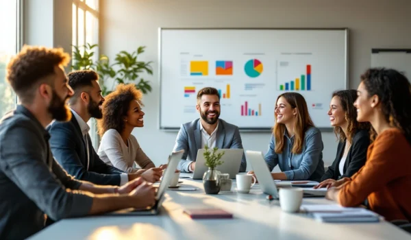 Een diverse groep medewerkers in een moderne, lichte kantooromgeving bespreekt enthousiast rond een tafel vol laptops en notitieblokken.