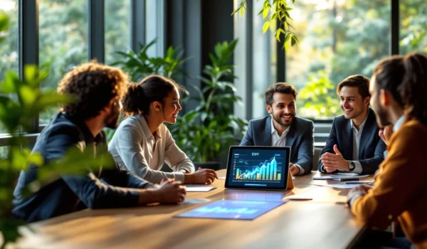 Professionals in een moderne kantoorruimte bespreken een digitale grafiek over EVP, met natuurlijke lichtinval en duurzame inrichting.