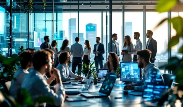Een dynamisch IT-kantoor met diverse professionals in overleg, moderne architectuur en technologie, symboliseert innovatie en teamwork.