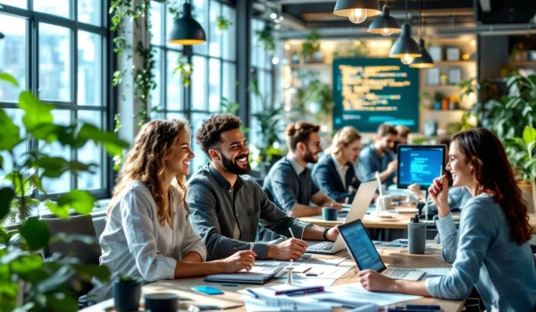 Een levendig, divers kantoor met teamwork, ergonomisch meubilair, groene planten en hints van IT en duurzaamheid onder natuurlijk licht.