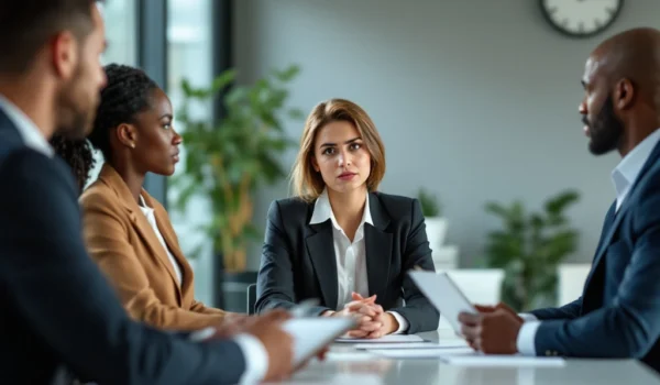Een sollicitant zit tegenover drie diverse interviewers in een moderne kantooromgeving met veel natuurlijk licht en een professionele sfeer.