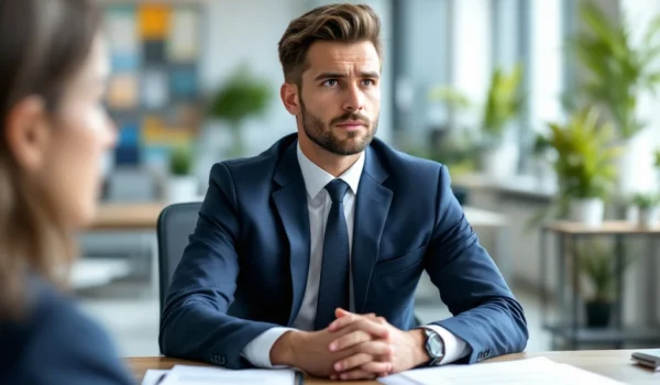 Kandidaat in pak bij sollicitatiegesprek, gefocust en nerveus, met CV op bureau. Moderne kantooromgeving met blauw-groene tinten.