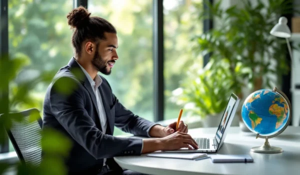 Professioneel in moderne kantoorruimte bij laptop met notities, omringd door groen. Symbool voor groei, focus en wereldwijde kansen.