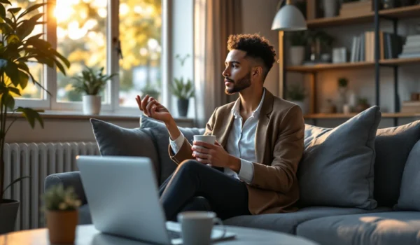Persoon op grijze bank met laptop en koffie, in serene woonkamer met boeken en plant. Thema: reflectie na afwijzing sollicitatie.