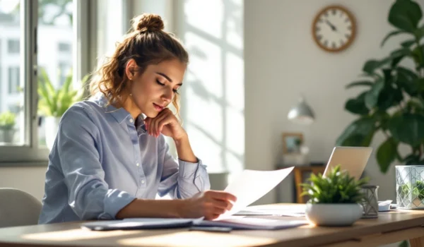 Professioneel in thuiskantoor leest documenten bij zonlicht. Elementen zoals laptop en plant symboliseren carrièregroei en veerkracht.