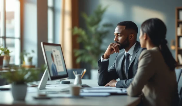 Rekruteringsscène in modern kantoor: recruiter bekijkt sollicitatie, kandidaat luistert. Warme sfeer met planten en boekenplank.