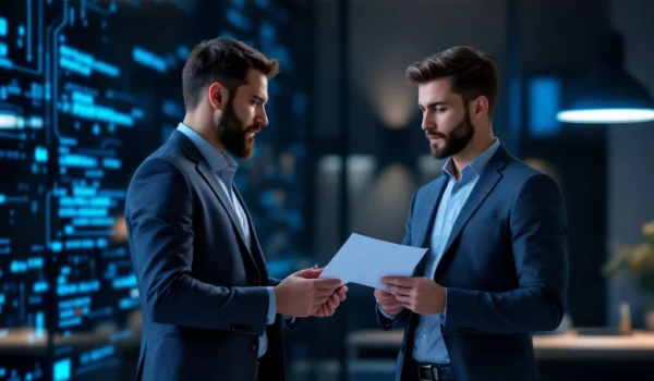 Een recruiter in een modern kantoor overhandigt een afwijsbrief aan een IT-kandidaat, met subtiele techdetails op de achtergrond.