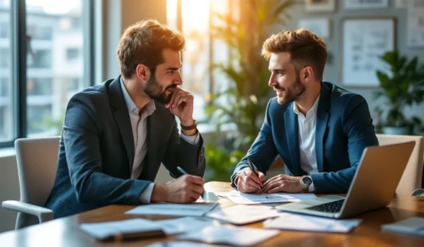 Twee personen in een professioneel kantoor voeren een beoordelingsgesprek met laptop en documenten, in een setting van samenwerking en transparantie.