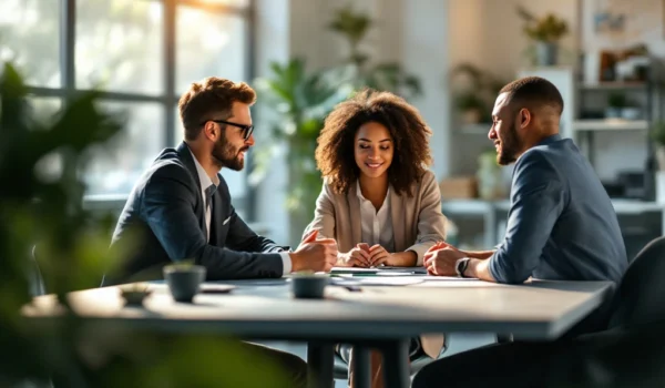 Een divers team voert een prestatiebeoordeling uit in een moderne werkruimte, met focus op samenwerking en innovatie.