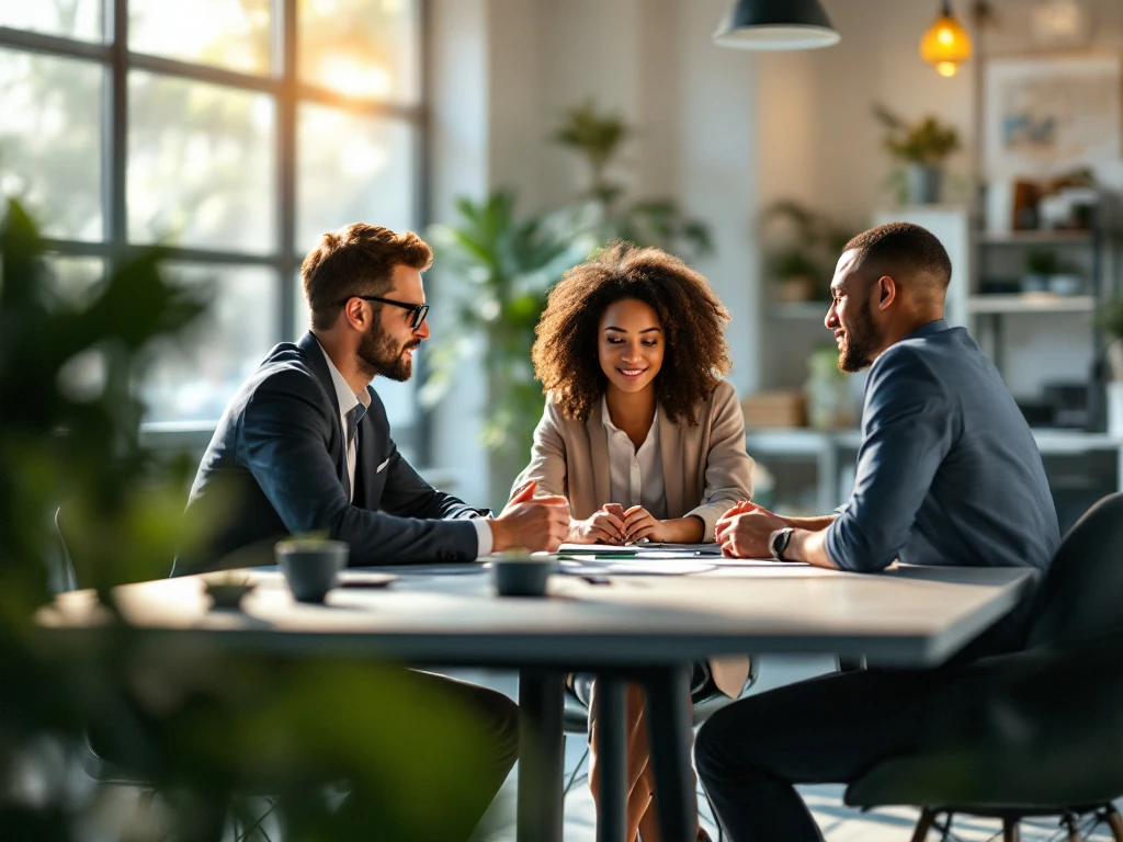 Een divers team voert een prestatiebeoordeling uit in een moderne werkruimte, met focus op samenwerking en innovatie.