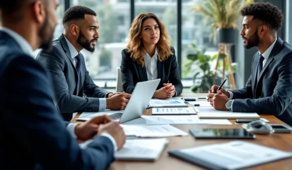 Een diverse groep professionals in een moderne kantooromgeving tijdens een functioneringsgesprek, met focus op IT en duurzaamheid.