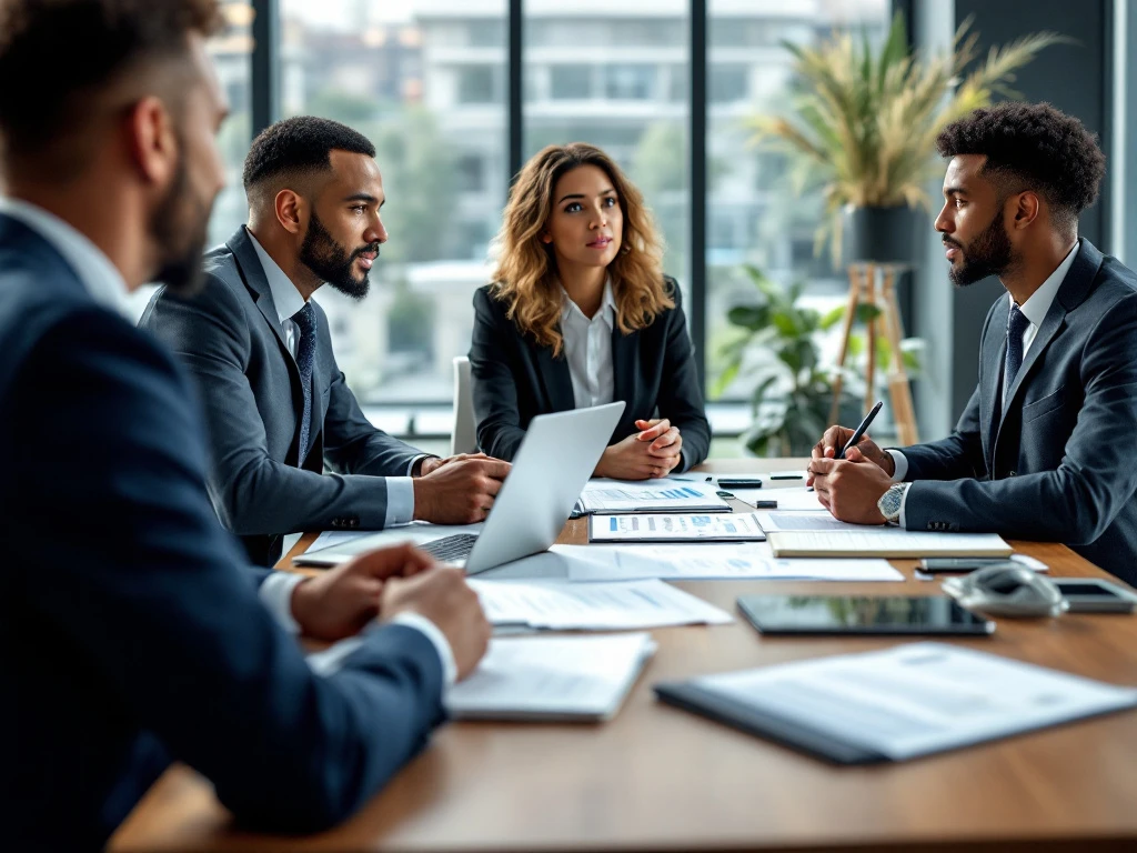 Een diverse groep professionals in een moderne kantooromgeving tijdens een functioneringsgesprek, met focus op IT en duurzaamheid.