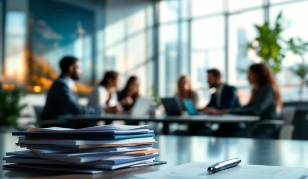 Modern kantooromgeving met diverse professionals rond tafel, omgeven door tablets en laptops, symboliseert samenwerking en technologie.