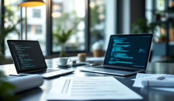 Een modern kantoor met een checklist op het bureau, omringd door een laptop, windturbine en blauwdrukken, symboliseert focus en innovatie.