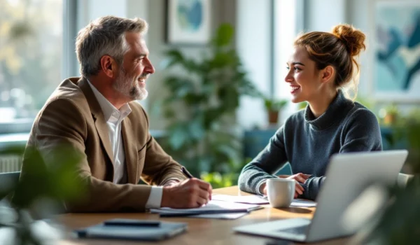 Werkoverleg in modern kantoor: zelfverzekerde werkgever en gemotiveerde werknemer in gesprek, omgeven door natuurlijk licht en moderne kunst.