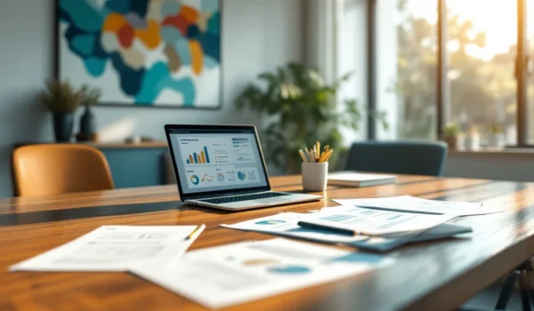 Moderne kantooromgeving met tafel, documenten, laptop met grafieken, natuurlijke verlichting en abstracte kunst met bedrijfslogo.