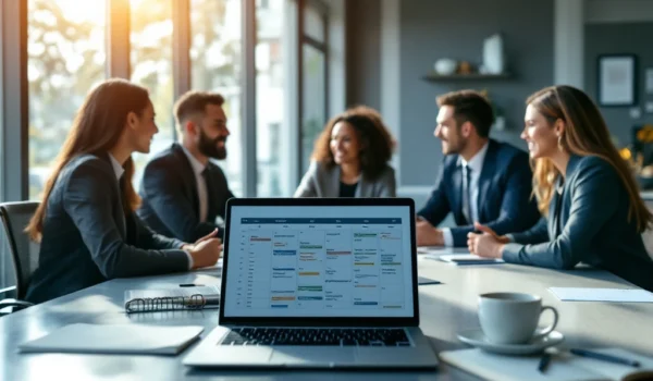 Een diverse groep professionals in discussie rond een conferentietafel, in een modern kantoor met veel natuurlijk licht en een laptop op de voorgrond.