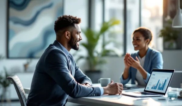 In een modern kantoor voert een professional een constructief gesprek met een manager. Laptop met grafieken symboliseert evaluatie.