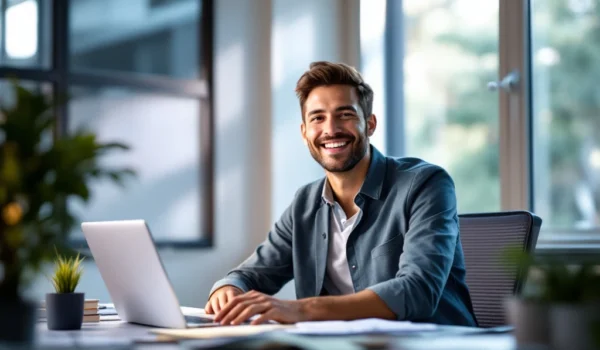 Een tevreden werknemer zit aan een bureau in een licht kantoor, omringd door succes symbolen zoals een laptop en planten, in een serene sfeer.