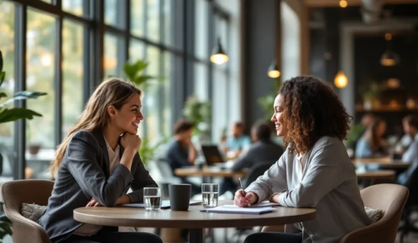 In een modern kantoor voeren twee mensen een functioneringsgesprek aan een ronde tafel, omringd door veel natuurlijk licht.
