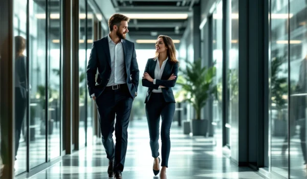 Twee collega's in gesprek lopend door een modern kantoor met glazen wanden en veel licht, symboliserend groei en innovatie.