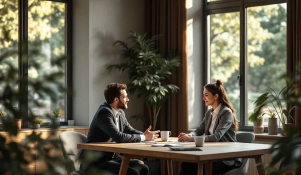 Manager en medewerker aan een tafel in een modern kantoor, omgeven door planten en warme verlichting, tijdens een open gesprek.