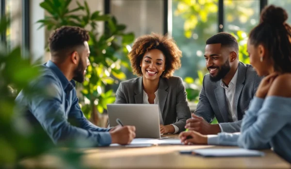 Een diverse groep professionals in bespreking rond een houten tafel in een modern kantoor, met focus op één persoon die aantekeningen maakt.