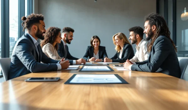 Een diverse groep professionals bespreekt een functioneringsgesprek formulier in een moderne kantoorruimte met veel natuurlijk licht.