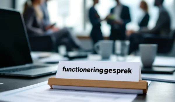 Bureau met documenten en laptop, centraal een formulier "functioneringsgesprek". Professionele sfeer met silhouetten van pratende mensen.
