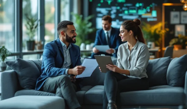 Twee personen in functioneringsgesprek op moderne bank, met IT- en groene energie-elementen op achtergrond, in kalme corporatieve sfeer.