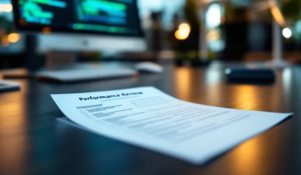 Een modern kantoor met een bureau, een deels ingevuld beoordelingsformulier en IT-sector elementen, passend bij Search X Recruitment.