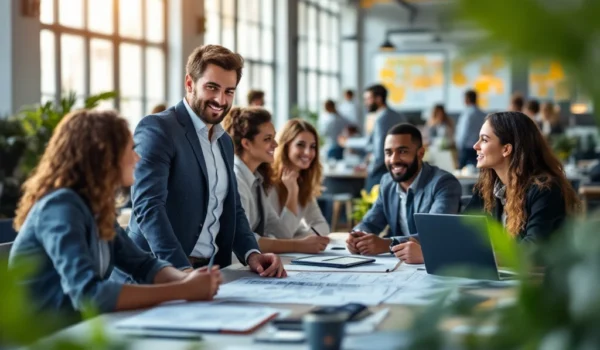 Een moderne kantooromgeving waar een IT-recruiter met ingenieurs spreekt, benadrukt technologie en samenwerking in een lichte ruimte.