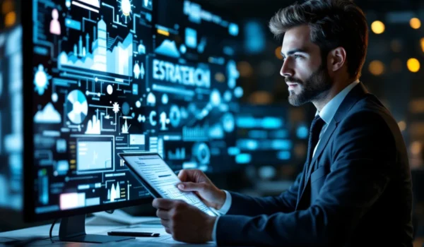 Een recruiter bekijkt een wervingsplan in een modern kantoor vol schermen met data en iconen voor IT, duurzame energie en techniek.