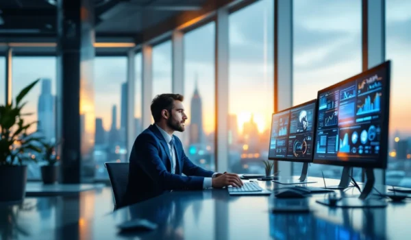 ICT-manager in modern kantoor met gadgets en schermen vol data. Professioneel, zelfverzekerd, met skyline en netwerkdiagrammen op achtergrond.