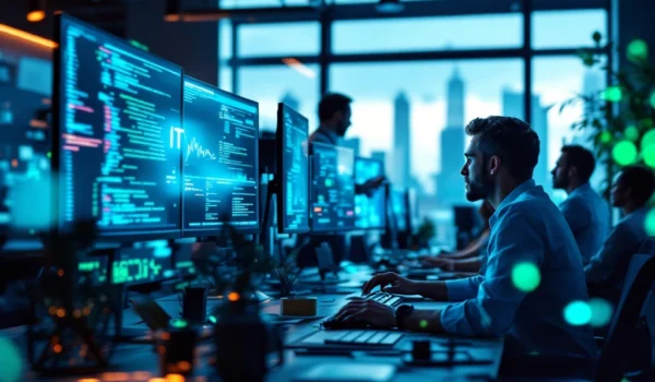 Een druk IT-recruitmentkantoor met divers team, moderne computers en stad op achtergrond, symboliseert innovatie en technologische groei.