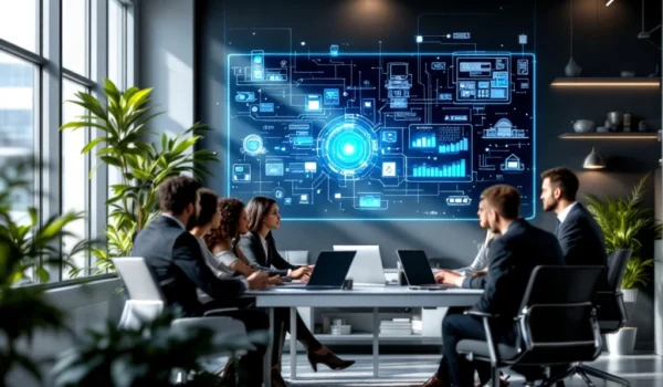 Professionals in moderne kantooromgeving bespreken IT-systemen op een scherm, met technologie en innovatie geïntegreerd in het decor.