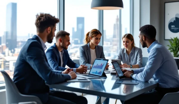 Professionals van diverse afkomst bespreken IT-recruitment rond een moderne tafel met laptops, in een kantoor met uitzicht op een drukke stad.