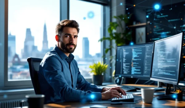 Software engineer aan bureau met gadgets en schermen vol code. Amsterdamse skyline zichtbaar. Kleuren: blauw en grijs.