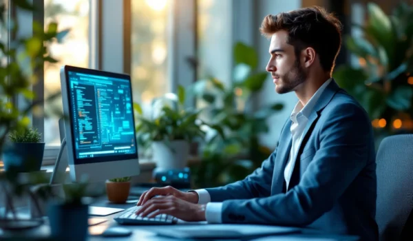 Een jonge ICT-professional werkt in een modern kantoor met high-tech apparatuur, natuurlijke lichtinval en subtiele IT-elementen.