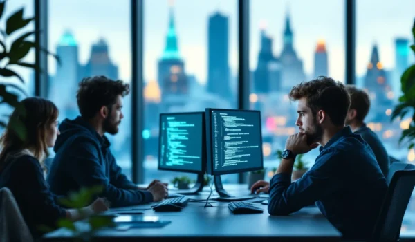 Een diverse groep software-ingenieurs werkt samen in een modern kantoor met uitzicht op Amsterdam, met focus op een geconcentreerde jonge ingenieur.