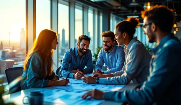 Diverse engineers in modern kantoor, bespreken IT-projecten. Amsterdam en Rotterdam op achtergrond. Zonlicht en blauwe/groene tinten.
