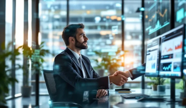 Een professional in zakelijke kleding werkt aan een digitaal scherm in een modern kantoor, met IT- en wervingselementen op de achtergrond.
