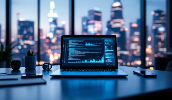 Een modern IT-werkplek met open laptop, tech gadgets en een futuristische stad op de achtergrond; symboliseert innovatie en technologie.