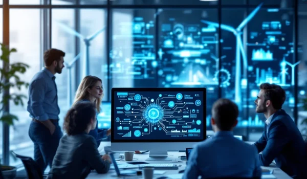 Professionals in een modern kantoor bespreken ICT, omringd door gadgets en schermen met data, met een focus op samenwerking en innovatie.